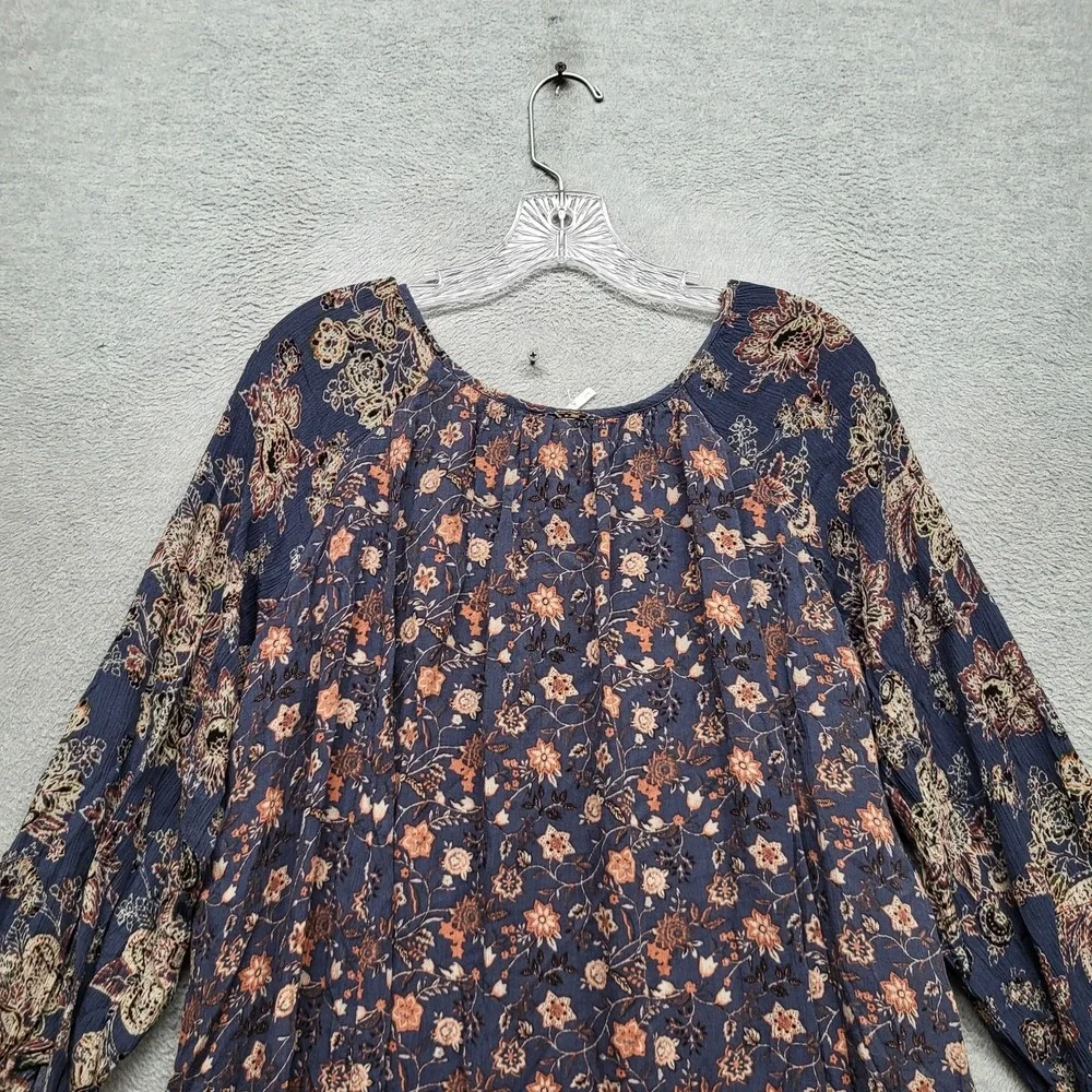 Free People Women Dress L Navy Floral Lucky Loosie Swing Boho‎ Scoop Neck